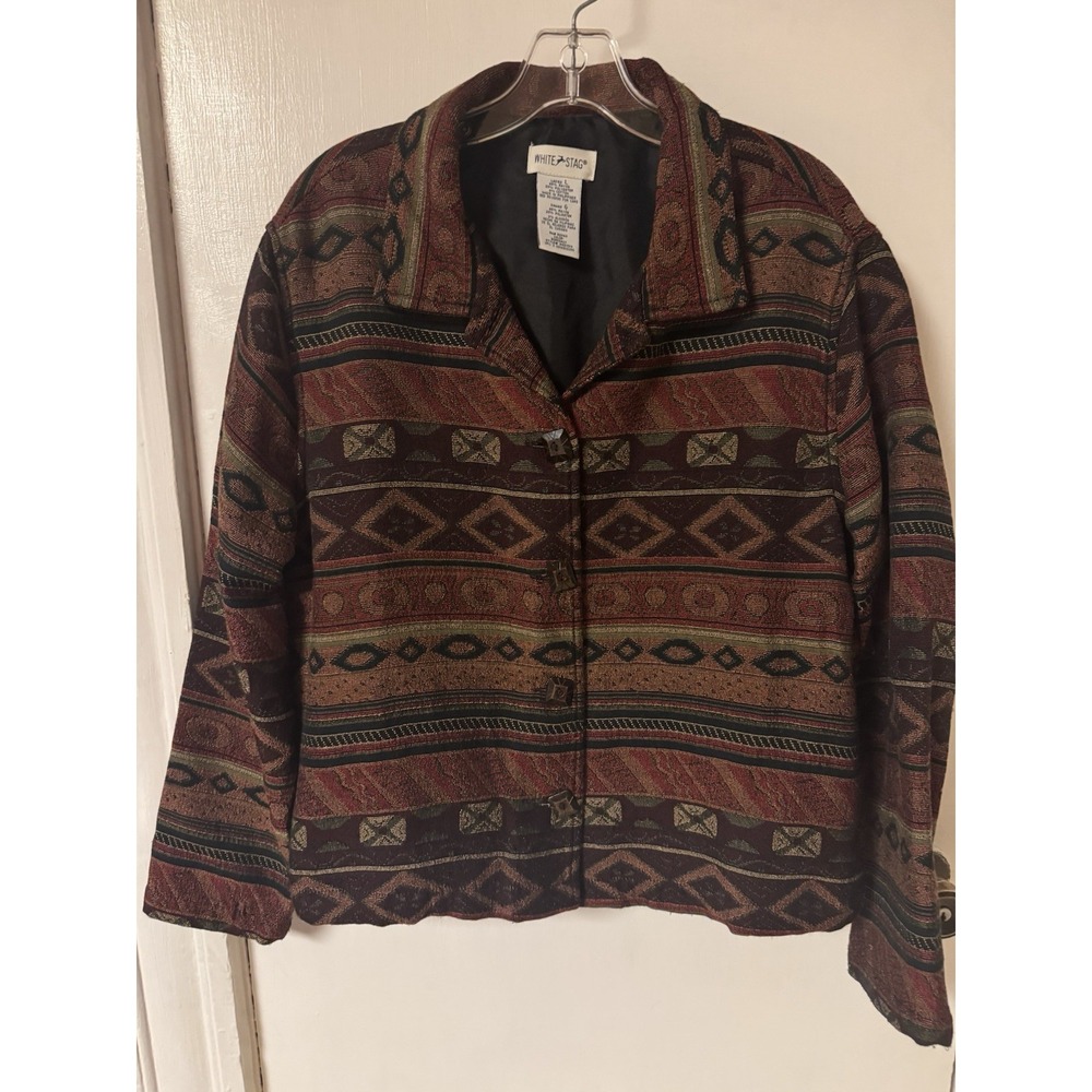 White Stag Women's Tapestry Jacket‎ multi color pattern and decorative button L